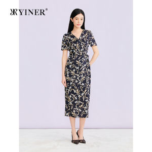 YINER | Elegant V-neck Printed Belted Tea Dress