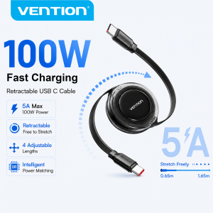 Vention | Vention 100W Type C Cable Retractable Cable for iPhone 17 16 15 Samsung S25 Xiaomi 17 USB C to Type-C Fast Charg Cord USB-C Data