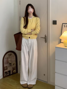 High Waist Straight Leg Jeans Womens Slimming Loose Fit Autumn Spring Summer White Denim Pants Drapey Folded Wide Leg Floor-Length