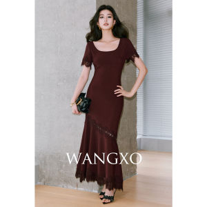 WANGXO | Đầm eo nơ cao co giãn ren dày đính ghép họa tiết openwork cổ U rộng đuôi cá