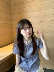 XIANGBAIWEI | Korean Style College Embroidered Blue Striped Short Sleeve Shirt