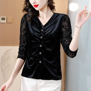 MAIMEI | Fashionable Gold Velvet Base Shirt Womens Midlife Mom Stylish Slimming Velvet Top Korean Style Long Sleeve V-neck Regular Length