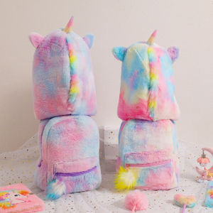 Winter Unicorn Plush Backpack Childrens Hoodie Pointed Corner Schoolbag Kindergarten Cute Backpack Girl Gift Pack