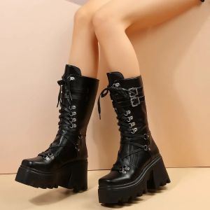 Winter 2024 New Womens Fashion Mid Tube Boots Lace Up High Platform Wedge Boots New Womens Fashion Solid Color Boots