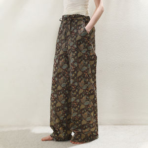 XEXZ | Vintage Floral Print Loose Wide Leg Casual Cotton Sleep Pants For Women Straight Cut Home Wear Trousers Can Be Worn Outside