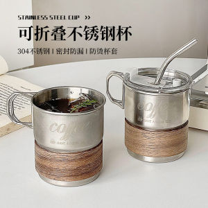 Portable American Style Coffee Cup 304 Stainless Steel Outdoor Camping Water Cup with Lid Handle Anti-Scalding Drinking Cup