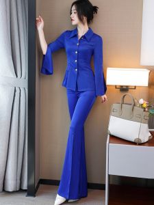MUBEELE | Early Autumn Blue Anti-Aging Fashion Set New Slimming Drape Design Womens Shirt Split Bell Bottom Pants Two Piece Set