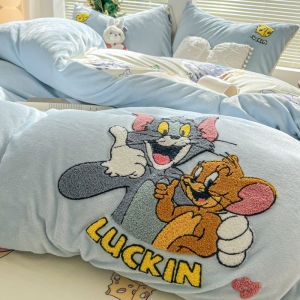 Adorable Cat And Mouse Milk Velvet Four-Piece Bedding Set Childrens Double-Sided Coral Fleece Thickened Winter Duvet Cover Sheet Three-Piece Set