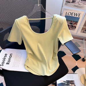 Slim Fit Short Sleeve T-Shirt Women Summer U-Neck Short Style Korean Version Pure Color Big Opening Show Clavicle Top