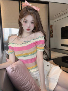 Summer Short Sleeve Knitted T-Shirt Womens Sweet Spicy Girl One Shoulder Wooden Edge Ear Short Length Belly Bared Top