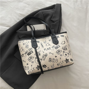 กระเป๋าสะพายไหล่แบบยูนิเซ็กซ์ขนาดใหญ่พิมพ์ลายการ์ตูนสุดเก๋ไก๋ กระเป๋าสะพายไหล่แบบลำลอง กระเป๋าถือทรงสี่เหลี่ยม สไตล์หวานและศิลปะ