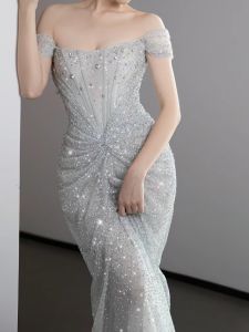 Light Gray Host off-Shoulder Annual Meeting Beaded Evening Gown Starry Sky Model Catwalk Mermaid 18-Year-Old Adult Dress