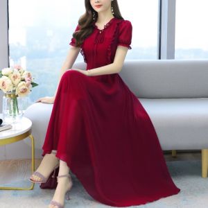 Elegant Chiffon Dress Women Summer New Style Slimming Anti-Aging Mom High-End Elegant Long Dress Korean Style Commute Pure Color