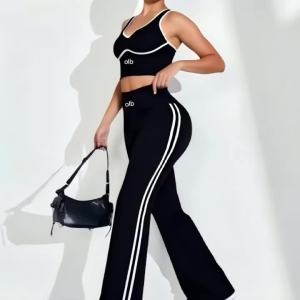 OLOEY | 2-piece set of fixed cup 3D sports bra vest medium to long micro flared slim fit hip lifting side striped yoga pants set