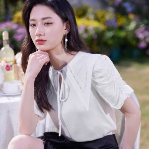 WANGGONGZHU | Elegant Chiffon Shirt Womens Design Sensation Summer 2025 New Design Belted Hollow Out French Style Short Sleeve Casual Wear