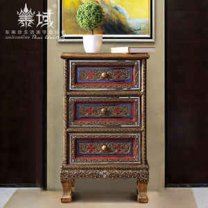 Taiyu Thai Bedside Table Thai Style Southeast Asian Style Narrow Cabinet Bedroom Storage Cabinet Side Cabinet Furniture Three-Bucket Cabinet