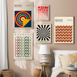 Modernist Bauhaus เรขาคณิตโปสเตอร์ผ้าใบ Living Room Wall Art Retro พิมพ์ MID Century Home ตกแต่ง Wall Art ภาพวาด