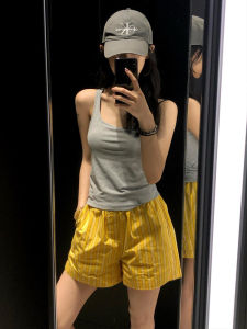 Summer New Style High Waist Loose Womens Shorts Lemon Yellow Stripes Casual Wide Leg Pants Commute Style Korean Version