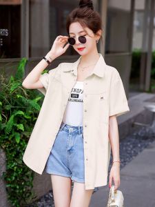 Summer Womens Short Sleeve Shirt Thin Loose Design Sun Protection Outerwear Cardigan Cotton Blend Korean Style Polo Collar
