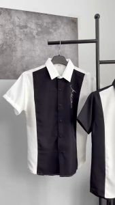 Áo sơ mi nam lụa hàn quốc tay ngắn thêu chữ ký vải lụa lạnh mẫu mới trẻ trung năng động