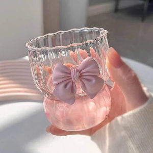 Naukaha【Ready in Stock】 300ml Cute Bow Shaped Glass Cup Coffee Cup Transparent Cold Drink Ice Cream Cup Mug