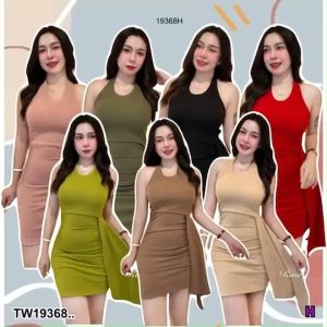 เดรสสั้น คล้องคอ ผ่าหน้า แต่งเว้าเอว Short dress halter neck front slit cut-out waist