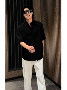 New Chinese Style Stand Collar Short Sleeve Shirt Mens Summer Thin Fancy Handsome Mens Cleanfit Shirt Coat