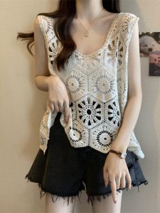 Áo Len Dệt Kim Hở Lưng Kiểu Pháp Cho Nữ Mùa Hè Mới Không Tay Áo Khoác Thời Trang Cổ Tròn Dáng Rộng Màu Trơn Phong Cách Bohemian