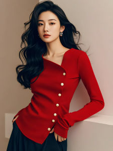 French Style Red Irregular Design Long Sleeve Knitted Sweater Womens Luxury High End Top for Autumn 2024 Elegant Fashion