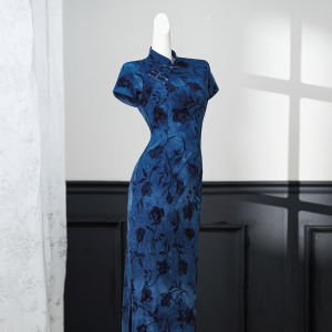 Blue Vintage Modern Short Sleeve Qipao