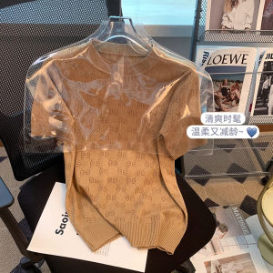 LUCKIN STORE Áo Thun Tay Ngắn Cổ Chữ V Cho Nữ Áo Kiểu Dệt Kim Cổ Bẻ Cho Nữ Áo Lụa Băng Dáng RộNg Áo Cổ Búp Bê Mùa Hè Mới 2025