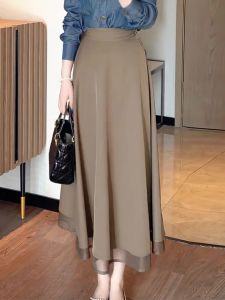 Elegant One-Piece Drapey Midi Skirt Womens Fashion High Waist A-Line Mid-Length Skirt Autumn New Style Versatile Korean Style