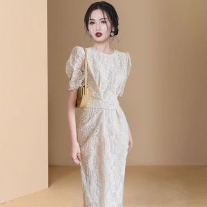 French Designed Lace Mini Dress Puff Sleeves