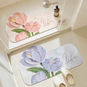 Rubber bathroom anti-slip floor mat water-absorbing quick-drying floor mat oil painting pinkish purple tulip printed door mat