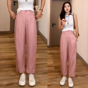 กางเกงขายาวทรงหลวมเอวสูงผ้าลินินไหมฤดูร้อนสำหรับผู้หญิง กางเกงขายาวทรงตรงบางๆ ผ้าไหมน้ำแข็ง ทรงสลิมฟิต กางเกงขายาวทรงยาวคล้ายมีด