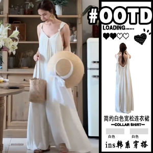 Váy Dài Chữ a Màu Trắng Cổ Chữ V Kiểu Pháp Cho Nữ Mùa Hè 2025 Váy Dài Rộng Rãi Có Thắt Lưng Mới Váy Dài Đến Giữa Bắp Chân
