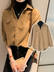 Womens Thickened Faux Two-Piece Shirt Early Autumn Slimming High Short plus Size Brushed Underwear Layering Spring Winter