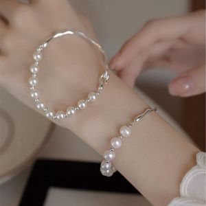 Pure Silver Pearl Freshwater Half Chain Bracelet for Women Elegant Luxury Minimalist Beaded Wrist Jewelry Korean Style