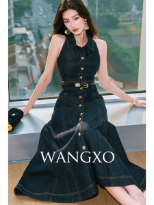 WANGXO | Đầm Jean A-line Dây Quai Gập Cổ Thân Thiện Với Da Được Rửa Bằng Nước