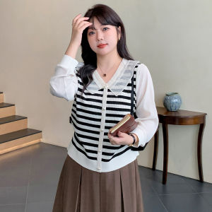 plus Size Lace Collar Striped Ice Silk Knitted Top Womens Slimming Fashion Autumn Wear Long Sleeve Doll Collar Open Cardigan