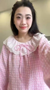 Bộ Đồ Ngủ Kẻ Caro Thắt Nơ Xinh Xắn Áo Dài Tay Dài Quần Dài Nữ Phù Hợp Mọi Thởi Tiết