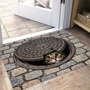 VIKAMA 3D Visual Cat Doormat Non‑Slip Creative Floor Mat Manhole Cover Design For Entryway Porch Home Decor