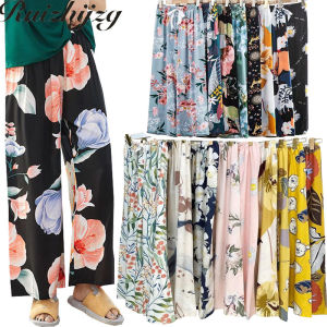 Ruizhijzg Ready Stock 40-80KG Women Floral Straight Wide Leg Pants Casual Loose Breathable Cool Pregnant Summer Trousers Home Wear Cotton Silk Thin High Waist Pajamas Trousers