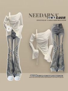 Korean Style Hot Girl Jeans Suit Body Shape Show off Two Piece Set Long Sleeve Long Pants Autumn Fashion Womens Ensemble