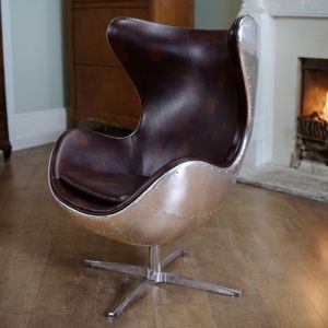 Industrial Style Aluminum Skin Rivet Egg Chair Designer Vintage Wine And Cigar Bar Single Person Chair Non-Lifting Leather Seat