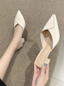 New Womens Summer Outdoor Wear Pointed Toe High Heels Try Room Slippers Half Slippers Comfortable Rubber Sole PU Material