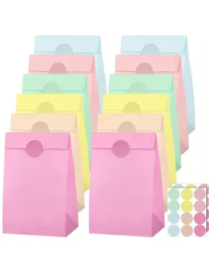 24 pcs Rainbow Themed Paper Gift Bags with Butterfly Stickers - Assorted Pastel Pink Yellow Blue - Durable Party Favor Bags