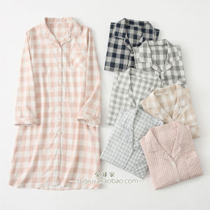 Japanese Style Plaid Long Sleeve Womens Sleep Dress Lightweight Cotton Gauze Loose plus Size Maternity Summer Spring Autumn