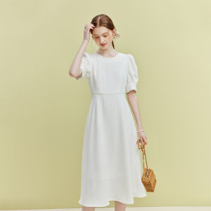 Elegant French Style Hollow out Dress Women Summer Back Bow Tie Dress High Waist Bubble Sleeve Midi Skirt Polyester Fiber