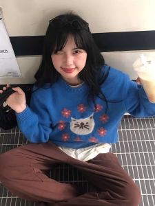 เสื้อสเวตเตอร์ถักคอกลมแขนยาวลายแมวหลวมๆ สำหรับผู้หญิง ฤดูใบไม้ร่วง/ฤดูหนาว สไตล์เกาหลี หวาน น่ารัก แฟชั่น